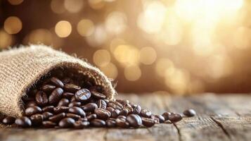 Freshly roasted coffee beans spill from a burlap sack on a wooden table outdoors in daylight photo