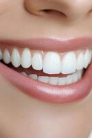 A close-up of a smiling person showing perfect white teeth and healthy gums in natural light photo