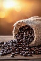 Freshly roasted coffee beans spilling from a burlap sack on rustic wooden surface photo