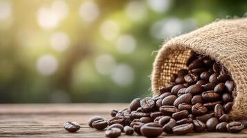 Freshly roasted coffee beans spill from a burlap sack on a wooden table outdoors in daylight photo