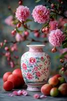 Vibrant still life of decorative vases with blossoms and fruits set against a blue background photo