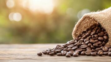 Freshly roasted coffee beans spill from a burlap sack on a wooden table outdoors in daylight photo