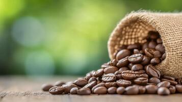 Freshly roasted coffee beans spill from a burlap sack on a wooden table outdoors in daylight photo