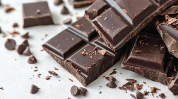 Delightful dark chocolate pieces scattered on a gray surface with chips and crumbs nearby photo