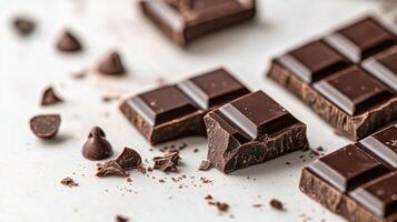 Delightful dark chocolate pieces scattered on a gray surface with chips and crumbs nearby photo