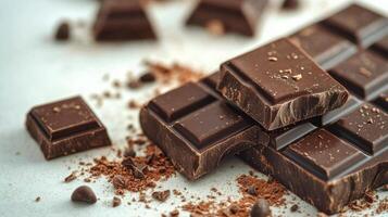 Delightful dark chocolate pieces scattered on a gray surface with chips and crumbs nearby photo
