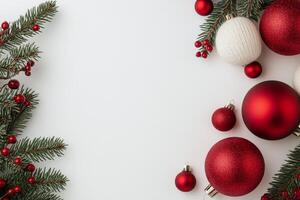 Festive red ornaments and pine branches for a joyful holiday celebration backdrop photo