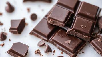 Delightful dark chocolate pieces scattered on a gray surface with chips and crumbs nearby photo