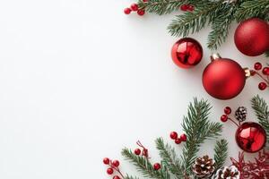 Festive red ornaments and pine branches for a joyful holiday celebration backdrop photo
