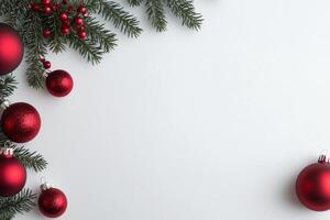 Festive red ornaments and pine branches for a joyful holiday celebration backdrop photo