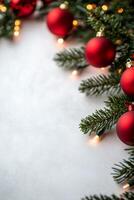 Elegant red Christmas ornaments paired with pine branches and soft sparkling background photo