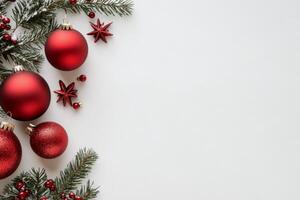 Festive red ornaments and pine branches for a joyful holiday celebration backdrop photo
