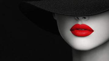 A striking portrait of a woman with red lips and a wide-brimmed black hat in dramatic lighting photo