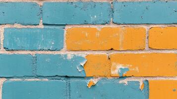 Two-tone brick wall divided into blue and yellow sections with peeling paint in urban setting photo