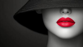 A striking portrait of a woman with red lips and a wide-brimmed black hat in dramatic lighting photo
