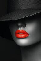 Elegant close-up of a mannequin showcasing bold red lips and a stylish black hat in low light photo