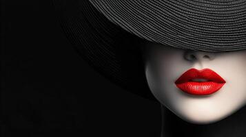 A striking portrait of a woman with red lips and a wide-brimmed black hat in dramatic lighting photo