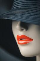 Elegant close-up of a mannequin showcasing bold red lips and a stylish black hat in low light photo
