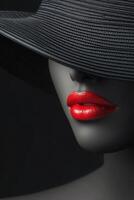 Elegant close-up of a mannequin showcasing bold red lips and a stylish black hat in low light photo