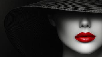 A striking portrait of a woman with red lips and a wide-brimmed black hat in dramatic lighting photo