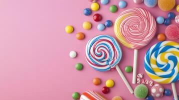 Colorful lollipops and candies arranged neatly on a pink background for a festive celebration photo