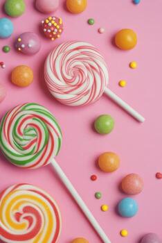 Colorful lollipops and candies arranged on a pink background for a vibrant dessert display photo