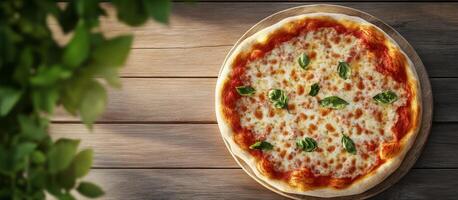 Delicious homemade margherita pizza served on a wooden board with fresh basil garnish photo