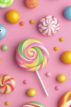 Colorful lollipops and candies arranged on a pink background for a vibrant dessert display photo