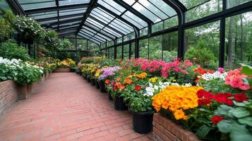 Vibrant flower-filled greenhouse showcasing colorful blooms during springtime photo