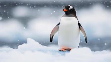 A gentoo penguin standing on ice surrounded by falling snow in the Antarctic region during winter photo