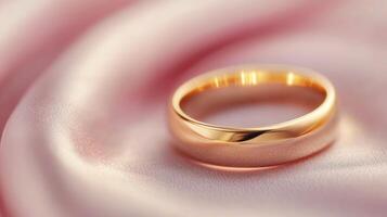 Elegant gold wedding band resting on soft pink satin fabric in a well-lit setting photo