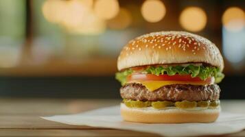 Delicious cheeseburger with fresh toppings served in a cozy diner setting photo