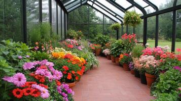 Vibrant flower-filled greenhouse showcasing colorful blooms during springtime photo