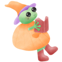 A cheerful green witch delights in reading a book while seated, wearing a playful orange dress and a purple hat png