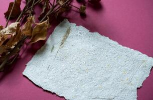 A sheet of paper with dried roses made of recycled paper. Secondary production. Making paper with your own hands at home. photo