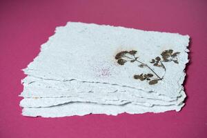 Several sheets of recycled paper with dried flower sprouts. Secondary use of resources. Preservation of ecology photo