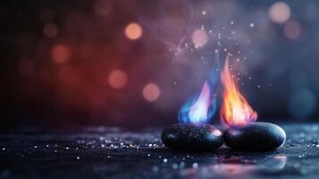 A captivating display of fire and ice on smooth stones against a blurred background at night photo