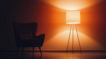 Cozy armchair beside a warm lamp in a softly lit room during evening hours photo