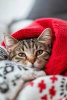 Cozy cat wrapped in a red blanket resting indoors on a chilly day photo