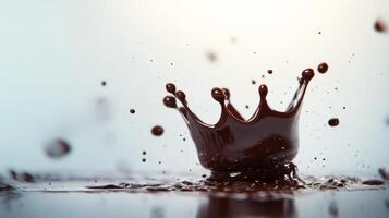 Chocolate splash creating a crown shape on a smooth surface in a softly lit environment photo