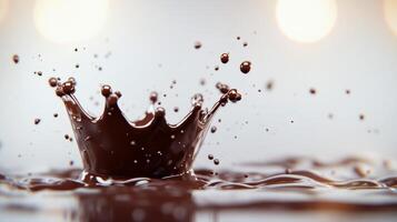 Chocolate splash creating a crown shape on a smooth surface in a softly lit environment photo