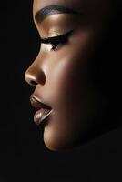 Elegant profile of a woman showcasing natural beauty and artistry in soft lighting photo