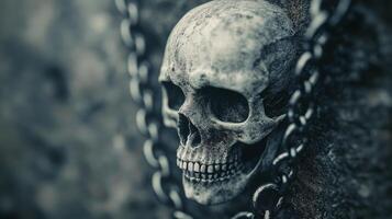 A detailed close-up of an eerie skull with chains on a weathered stone wall photo
