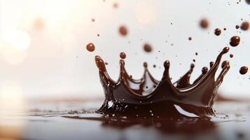 Chocolate splash creating a crown shape on a smooth surface in a softly lit environment photo