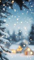 Snowfall over cozy winter homes at dusk with soft lights illuminating the scenery photo