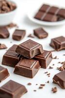 Delicious dark chocolate squares arranged on a marble surface with scattered crumbs photo