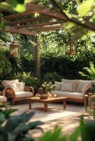 Cozy outdoor living area with natural textures and greenery in a serene garden setting photo