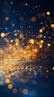Glittering golden particles create a magical atmosphere in a dark setting with soft lighting photo
