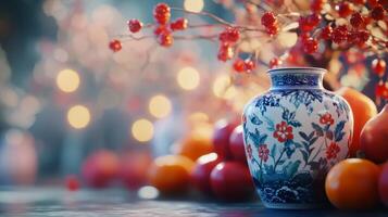 A vibrant vase of berries and fruits on a reflective surface for the festive season photo