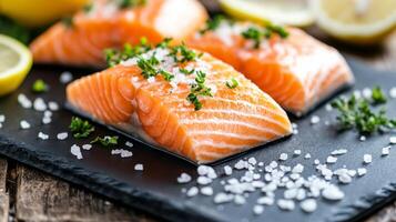 Freshly prepared salmon fillets garnished with herbs and lemon slices on a black slate board photo